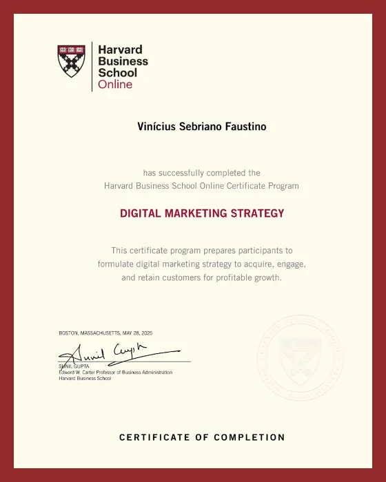 Certificado de conclusão em Digital Marketing Strategy da Harvard Business School Online